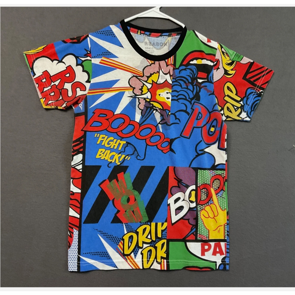 Reason Shirt Mens Small Multicolor Comic Book‎ Pop Art Allover Graphic Tee